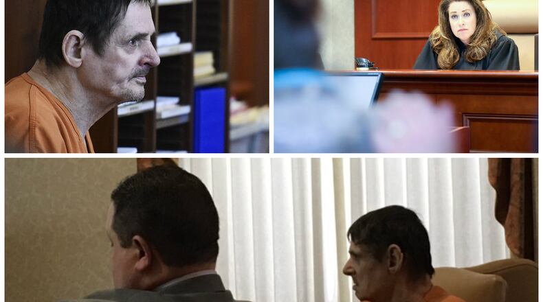 Bottom, Gary Earls and his attorney Dennis Adams during last weeks hearing in Butler County Common Pleas Court, Top left, Gary Earls at arraignment, top right, Judge Jenner McElfresh