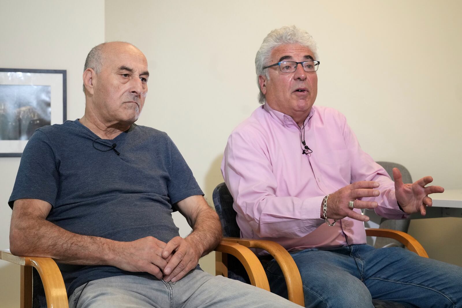 Yunice Abbas, left, one of the men accused in the 2016 armed robbery of Kim Kardashian and Thierry Niemen, co-author of the book "I Sequestered Kim Kardashian", answer the Associated Press, Tuesday, April 22, 2025 in Paris. (AP Photo/Thibault Camus)