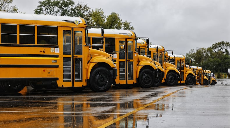 Buses line up to pick up students at Middletown High School Wednesday, Sept. 22, 2021. Schools around the area are facing a shortage of bus drivers. NICK GRAHAM / STAFF