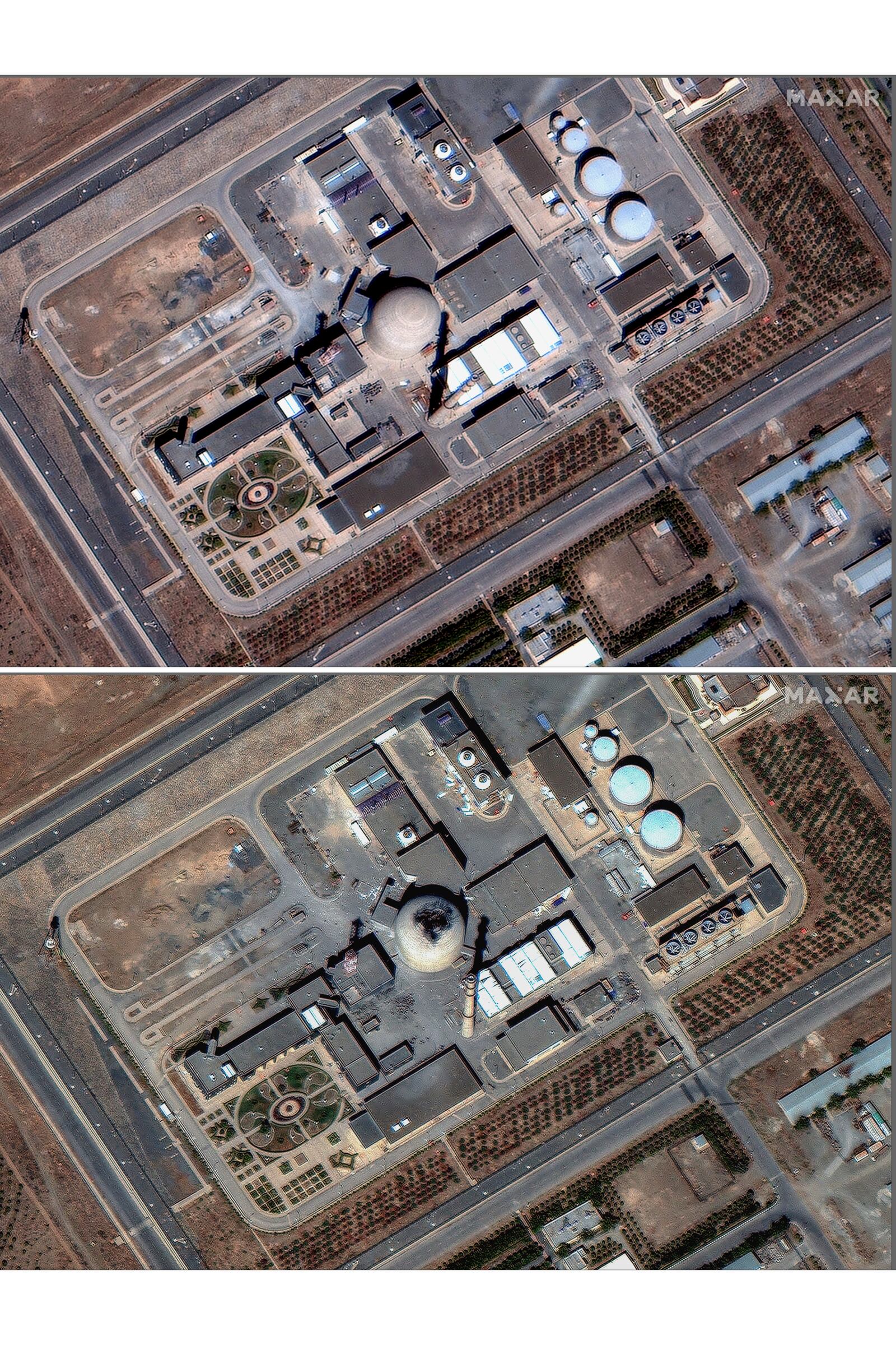 This combo from satellite images provided by Maxar on June 18, 2025 shows, Top, Iran's Arak heavy water reactor building before Israel launched airstrikes on the reactor and bottom, Iran's Arak heavy water reactor building after Israel launched airstrikes. (Maxar Technologies via AP)
