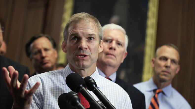 Freedom Caucus former Chairman Rep. Jim Jordan, R-Ohio, speaks to reporters during a news conference on Capitol Hill in Washington, Wednesday, July 19, 2017. (AP Photo/Manuel Balce Ceneta)