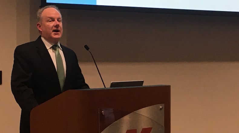 Middletown Mayor Larry Mulligan delivered the State of the City Address Tuesday night at the AK Steel Research and Innovation Center. He said the city has “come a long way” during his 12 years as mayor. RICK McCRABB/STAFF