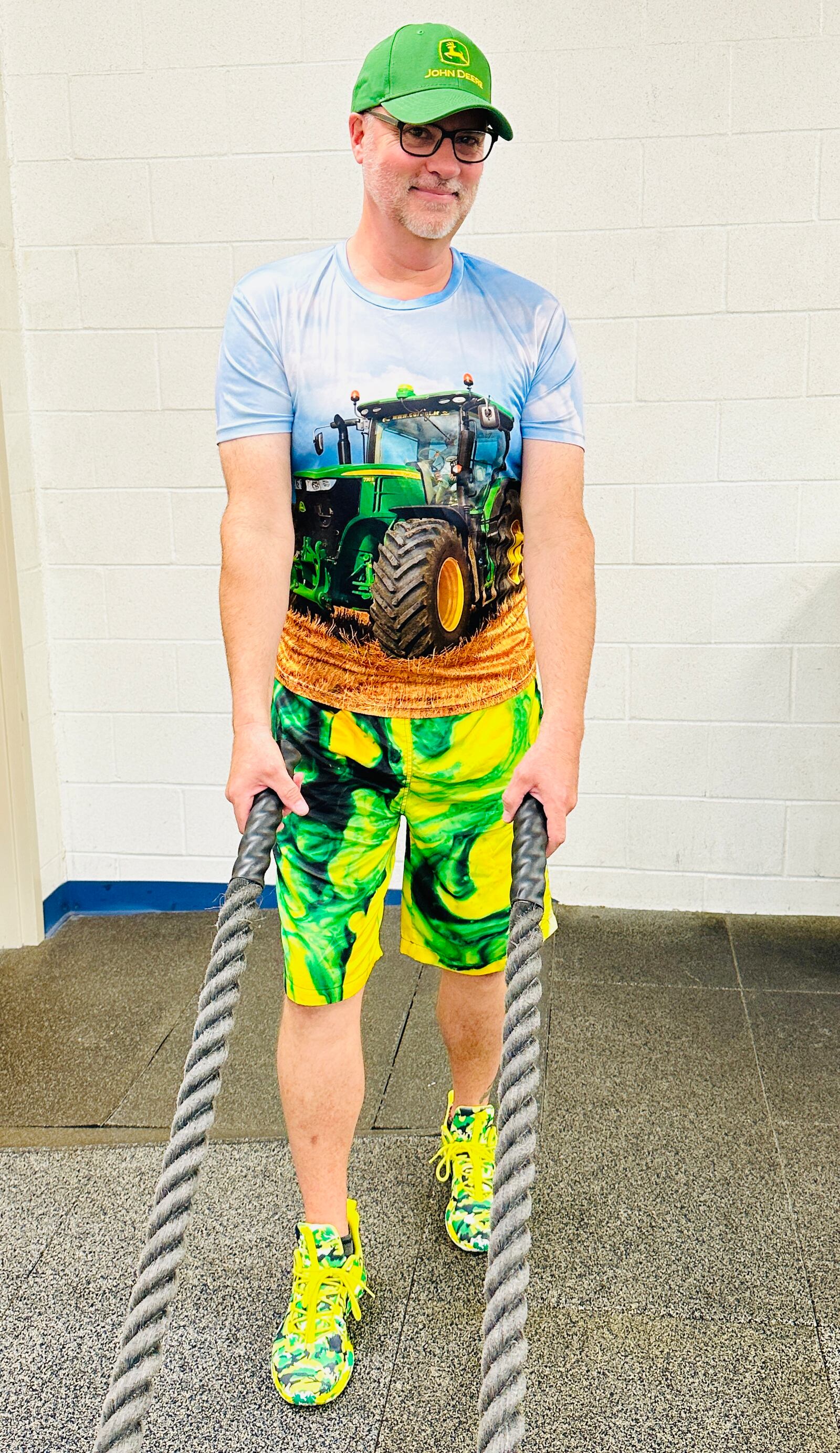 The tractor-themed outfit Jey Ellis wears is one of the favorites among his workout buddies. 