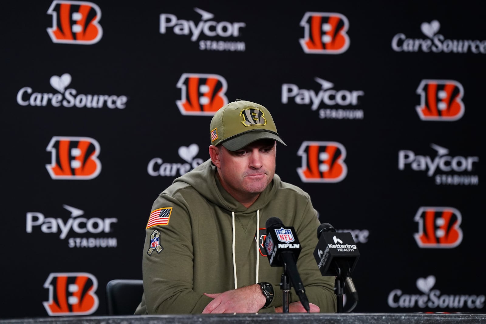 Cincinnati Bengals head coach Zac Taylor speaks after his team's loss to the Chicago Bears in an NFL football game, Sunday, Nov. 2, 2025, in Cincinnati. (AP Photo/Jeff Dean)