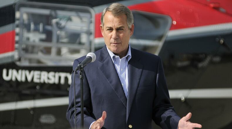 Speaker of the House John Boehner, R-West Chester Twp., speaks Monday morning at the helipad at West Chester Hospital about the hospital’s Level III Trauma Center status. The hospital just completed its second year as a Level III Trauma Center, but received verification as a Level III center earlier this year from the American College of Surgeons Committee on Trauma.