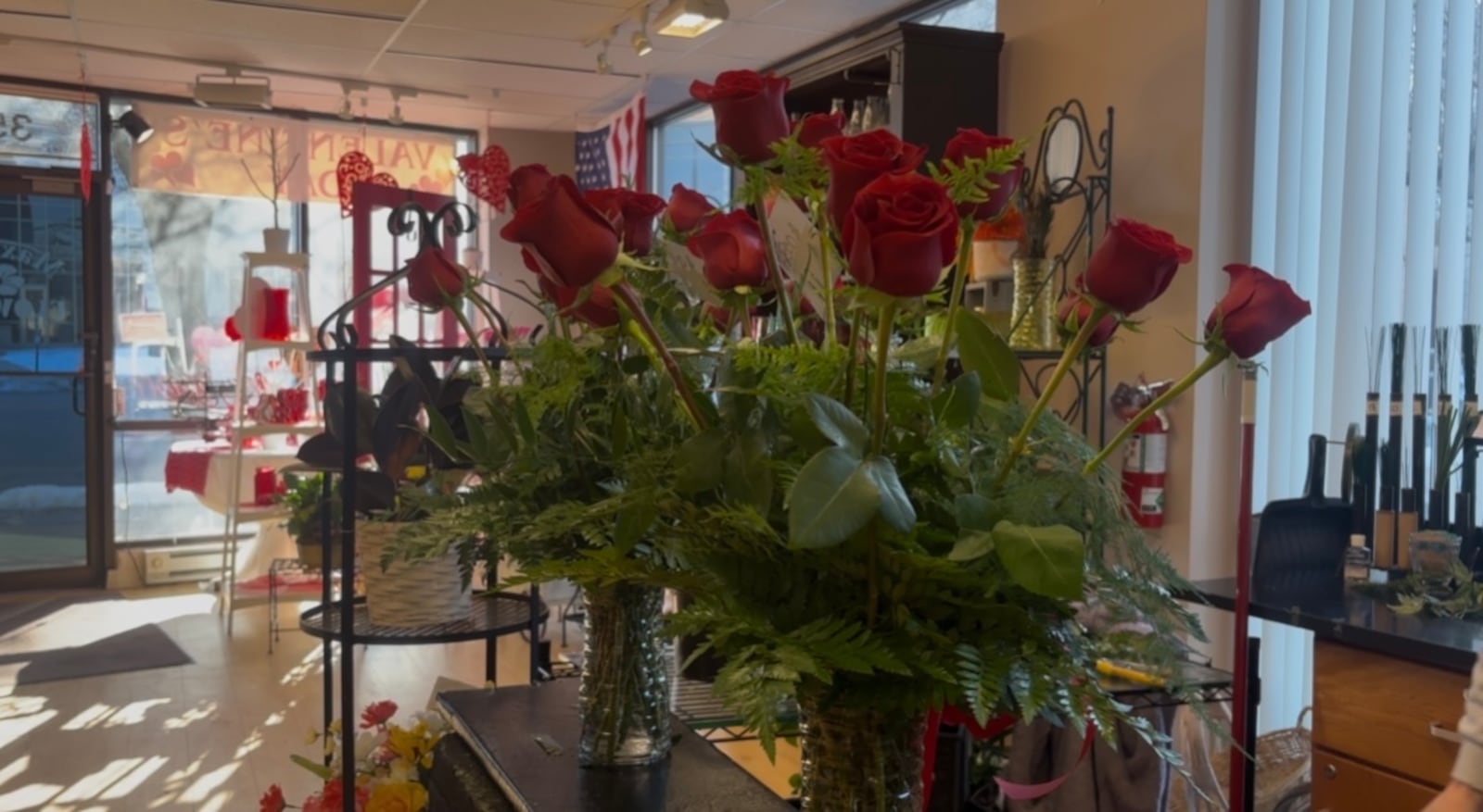 Red rose arrangements at Max Stacy Flowers at 350 High St. in Hamilton Wednesday, Feb. 11, 2026. The shop experiences its busiest time of the year during the Valentine's holiday. BRYN DIPPOLD/STAFF