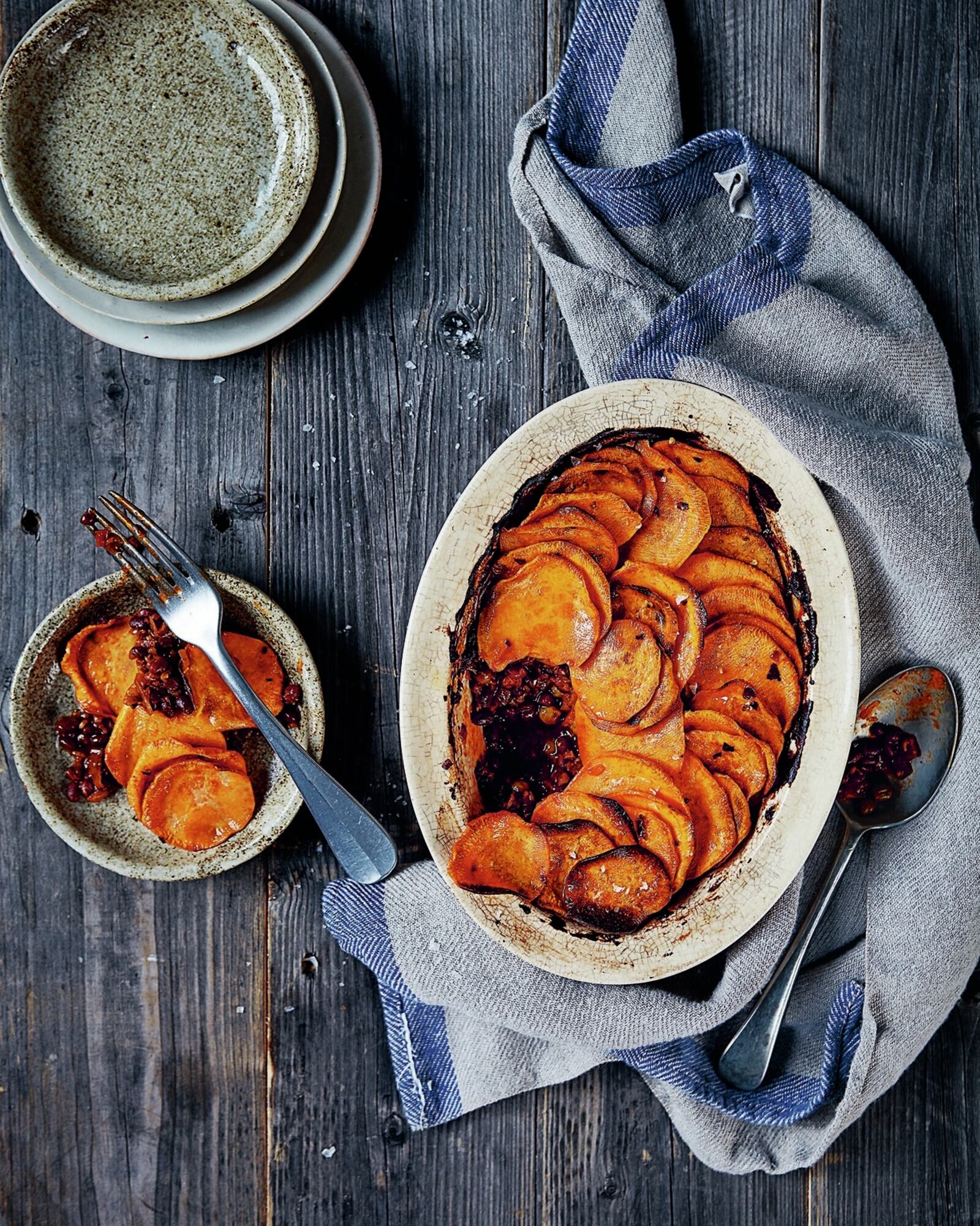 Sweet potatoes and aduki beans fill this vegan casserole, but you could swap out regular potatoes or another kind of bean if you prefer. Contributed by Nassima Rothacker