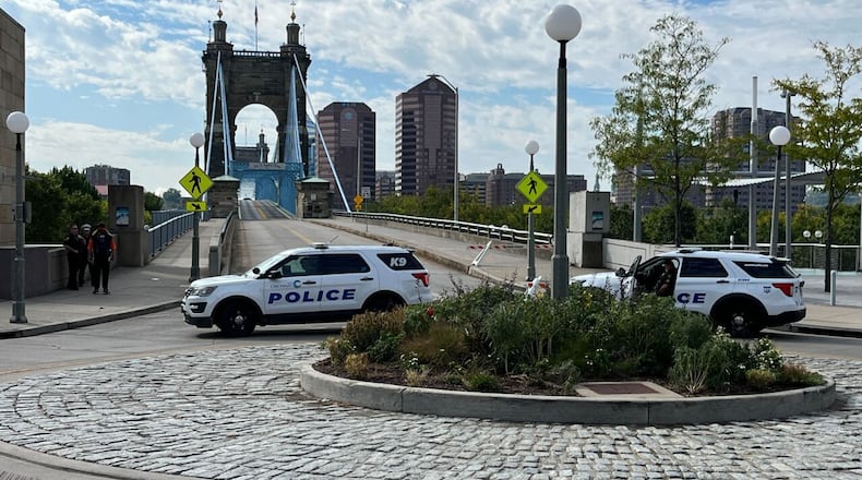 The Roebling Suspension Bridge shut down Sunday, Sept. 17, 2023 for a bomb threat. This is the second bomb threat at the bridge in one week. CONTRIBUTED