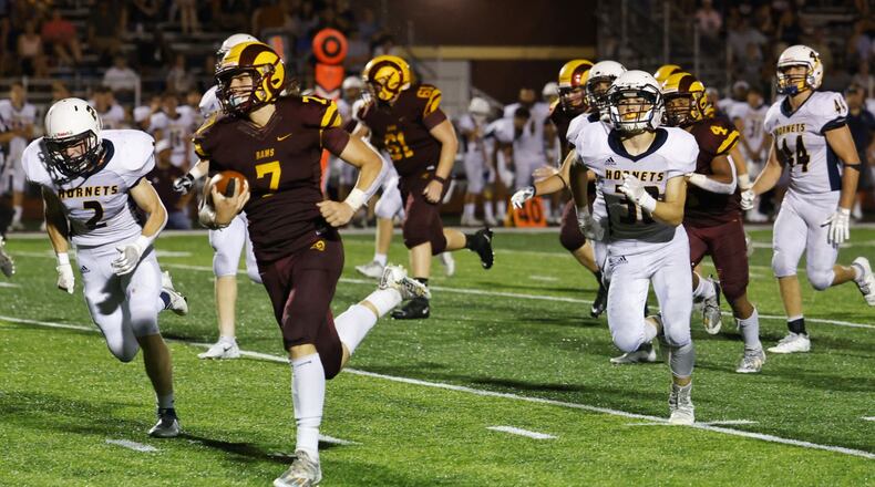 Brayden Fraasman of Ross rushed for 138 yards and two touchdowns in a 21-14 win over Monroe on Friday, Aug. 27, 2021. Nick Graham/STAFF