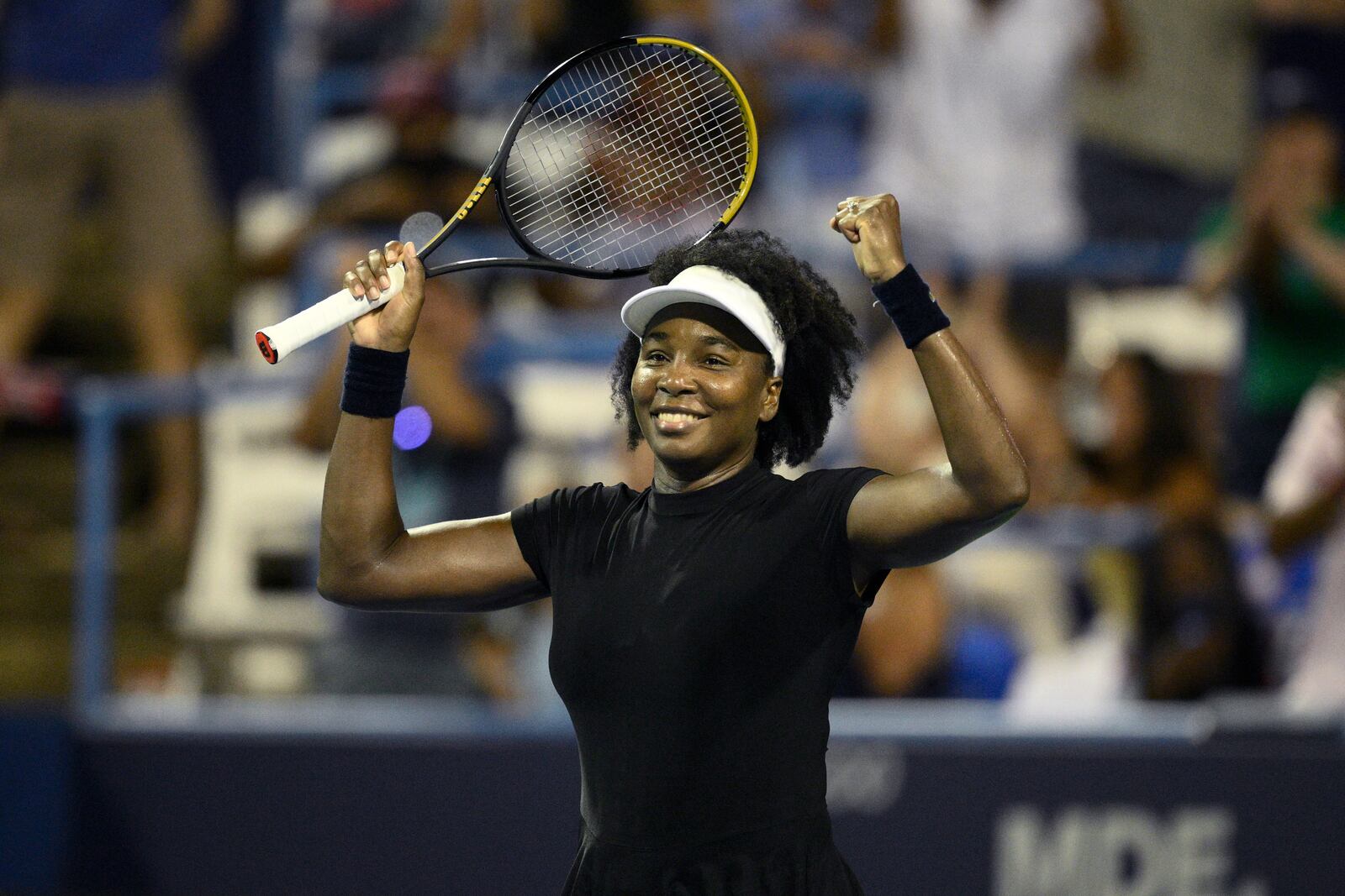 Venus Williams celebrates her win over Peyton Stearns during a match at the Citi Open tennis tournament Tuesday, July 22, 2025, in Washington. (AP Photo/Nick Wass)