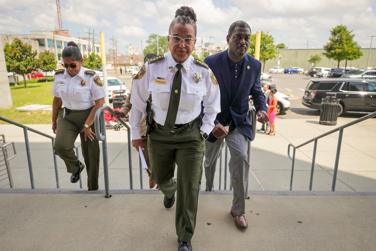 Orleans Parish Sheriff Susan Hutson leaves a news conference in New Orleans on Friday, May 16, 2025, after inmates escaped from the Orleans Justice Center jail. (Brett Duke/The Advocate via AP)