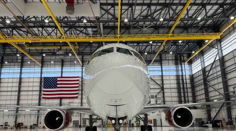 This is an airplane inside Sierra Nevada Corp.'s  hangar at the company's Aviation Innovation and Technology Center located at the Dayton International Airport.