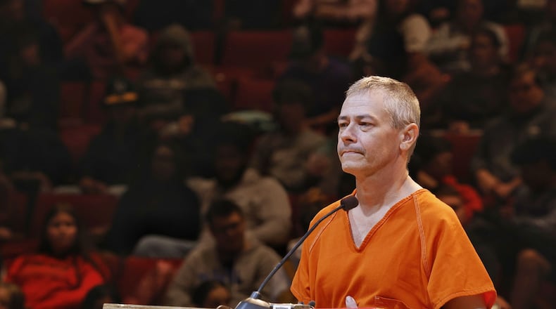 Fairfield Municipal Court heard cases at Fairfield High School on Holden Boulevard. Pictured is Walter L. Delong appearing before Judge Joyce Campbell on Thursday afternoon, May 4, 2023, on two felony charges after he allegedly shot at an apartment building on Wednesday afternoon, May 3, 2023. NICK GRAHAM/STAFF