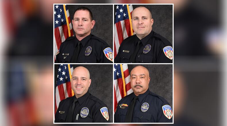 Pictured are the school resource officers from the Fairfield Police Department for the 2019-2020 school year. Clockwise from top left, Officer Rob Corner will be the school resource officer at Fairfield High School, Officer Craig Singleton will be the school resource officer at Fairfield Freshman School, Officer Todd Adamson will be the school resource officer at Crossroads Middle School and Officer Kevin Mack will be the school resource officer at Creekside Middle School. PROVIDED