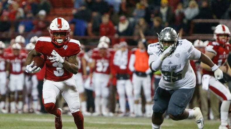 Miami University’s Kenny Young (3) runs into the end zone for a touchdown against Eastern Michigan at Yager Stadium in Oxford on Nov. 15, 2017. MICHAEL REAVES/GETTY IMAGES