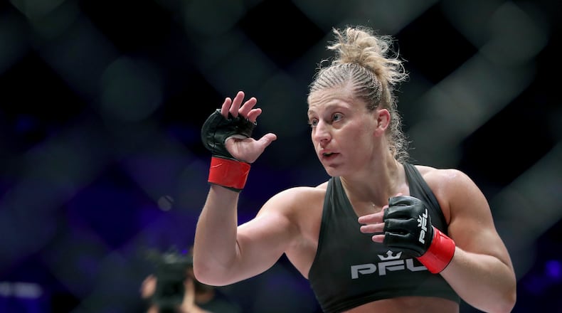 Middletown's Kayla Harrison, shown here during a Professional Fighters League bout, will face Julianna Pena Saturday night in a UFC bantamweight title fight. FILE PHOTO