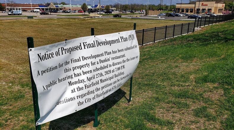 A proposed 2,300-square-foot stand-alone Dunkin’ restaurant complete with a drive-through is proposed to be constructed in front of Meijer along South Gilmore and Casual drives, next to the recently built Chick-fil-A. The city of Fairfield is expected to hold a public hearing on the plan next month. NICK GRAHAM/PHOTO