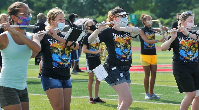 The Stebbins High School marching band practicing social distancing and wearing masks.