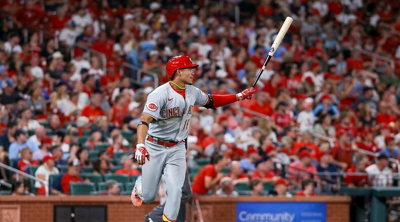 Cincinnati Reds' Noelvi Marte runs with his bat as he watches his solo home run against the St. Louis Cardinals during the seventh inning of a baseball game Saturday, Sept. 30, 2023, in St. Louis. (AP Photo/Scott Kane)