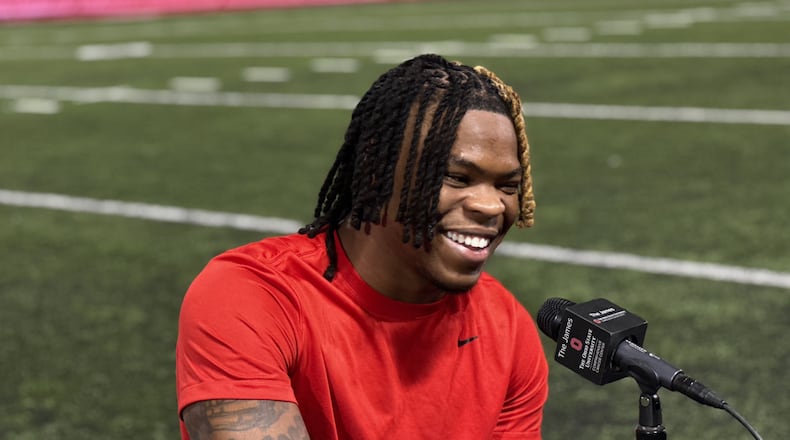 Ohio State transfer Quinshon Judkins meets with reporters in Columbus Jan. 30, 2024