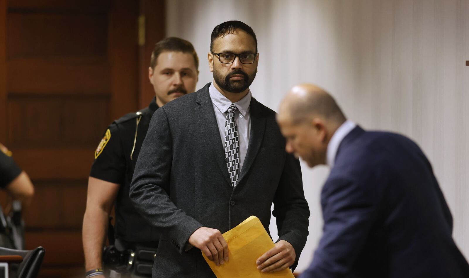 The retrial of Gurpreet Singh started Monday morning, April 29, 2024 before a 3-judge panel in Butler County Common Pleas Court in Hamilton. He is charged with capital murder for allegedly killing 4 members of his family in 2019 in West Chester Township. NICK GRAHAM/STAFF