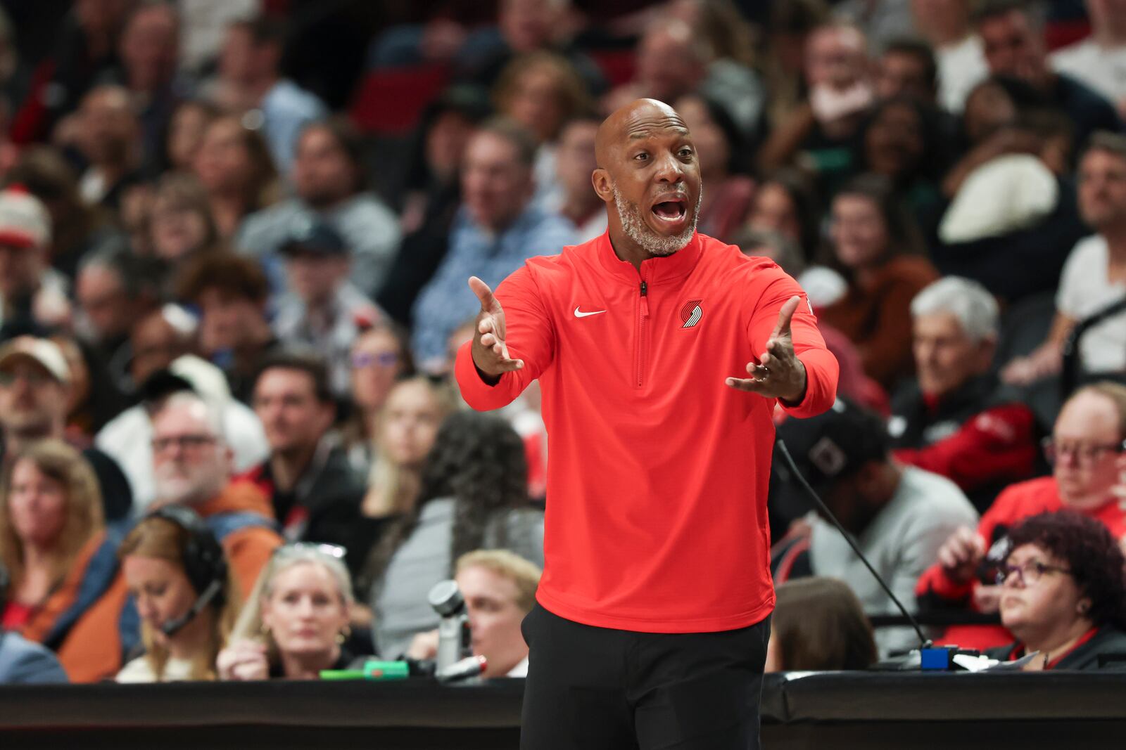 Portland Trail Blazers head coach Chauncey Billups reacts during the second half of an NBA basketball game against the San Antonio Spurs Sunday, April 6, 2025, in Portland, Ore. (AP Photo/Amanda Loman)