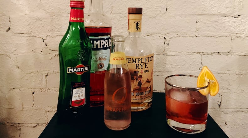 Looking for a cocktail for Valentine’s Day? The His cocktail: The Bitter Beau includes Campari, Rye Whiskey, Sweet Vermouth and grapefruit soda. CONTRIBUTED