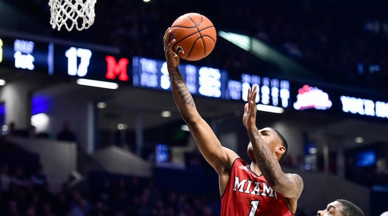 Miami’s Nike Sibande goes up to the basket during their basketball game against Xavier Wednesday, Nov. 28, 2018 at Xavier’s Cintas Center in Cincinnati. The RedHawks lost Friday night at home against No. 21 Buffalo. NICK GRAHAM/STAFF