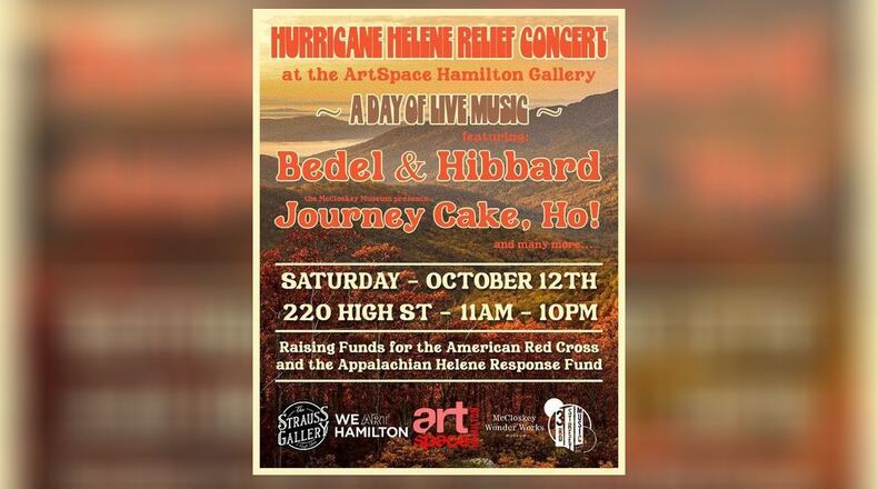 The Hamilton Hurricane Hoedown, a benefit concert with a day of live music featuring Bedel & Hibbard to aid those affected by the recent Hurricane Helene flooding, will be from 11 a.m. to 10 p.m. on Oct. 12 at Artspace Hamilton Gallery. CONTRIBUTED