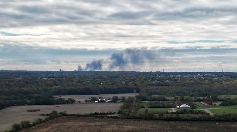 Smoke from tanker truck diesel fire at the Interstate 75 overpass at Union Centre Boulevard, as seen from Trenton. NICK GRAHAM/STAFF