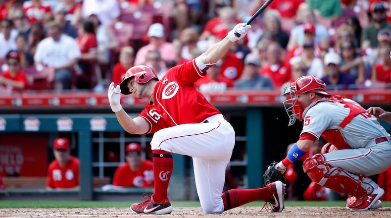 CINCINNATI, OH - SEPTEMBER 02: Nick Senzel #15 of the Cincinnati Reds reacts after striking out in the third inning against the Philadelphia Phillies at Great American Ball Park on September 2, 2019 in Cincinnati, Ohio. (Photo by Joe Robbins/Getty Images)