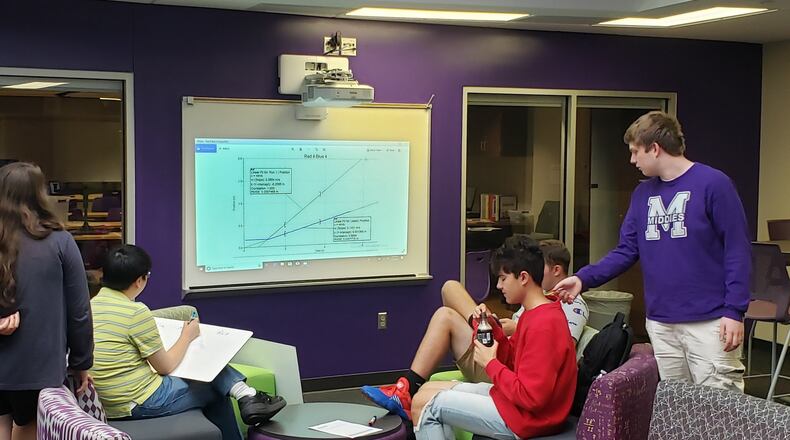 Called flex spaces in the Middletown High School and learning pods in the adjacent middle school, the non-classroom areas give teachers an instructional option outside the traditional classroom setting. The colorful, well-lit spaces in the high school feature cushioned furniture but also learning tools like interactive white boards allowing projected internet access student group learning. CONTRIBUTED