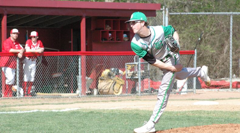 Badin pitcher Cade Boxrucker delivers to the plate during Saturday’s nonconference baseball game against host Fairfield at Joe Nuxhall Field. Badin won 8-2. RICK CASSANO/STAFF
