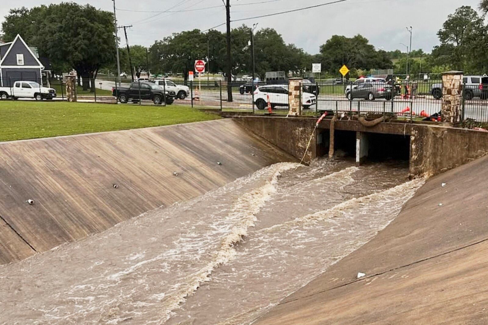 This photo provided by the City of Brenham shows a creek in Brenham, Texas, on Monday, May 5, 2025, where rescue crews searched for a missing 10-year-old girl who authorities say was swept away by rising waters. (Melinda Gordon/City of Brenham via AP)