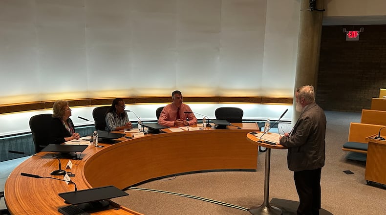 Three of the five candidates for the three open seats on the Middletown City Schools board attended a forum Wednesday night in Council Chambers. From left, Anita Scheibert, Verlena Stewart and Chris Urso. Journal-News reporter Michael Pitman served as moderator of the forum sponsored by the Chamber serving Middletown, Monroe and Trenton. RICK McCRABB/STAFF