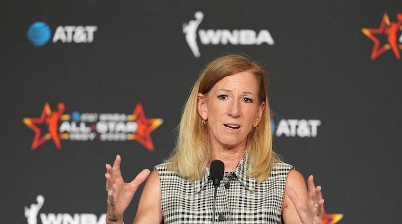 FILE - WNBA Commissioner Cathy Engelbert speaks during a news conference before the WNBA All-Star basketball game, Saturday, July 19, 2025, in Indianapolis. (AP Photo/Michael Conroy, File)