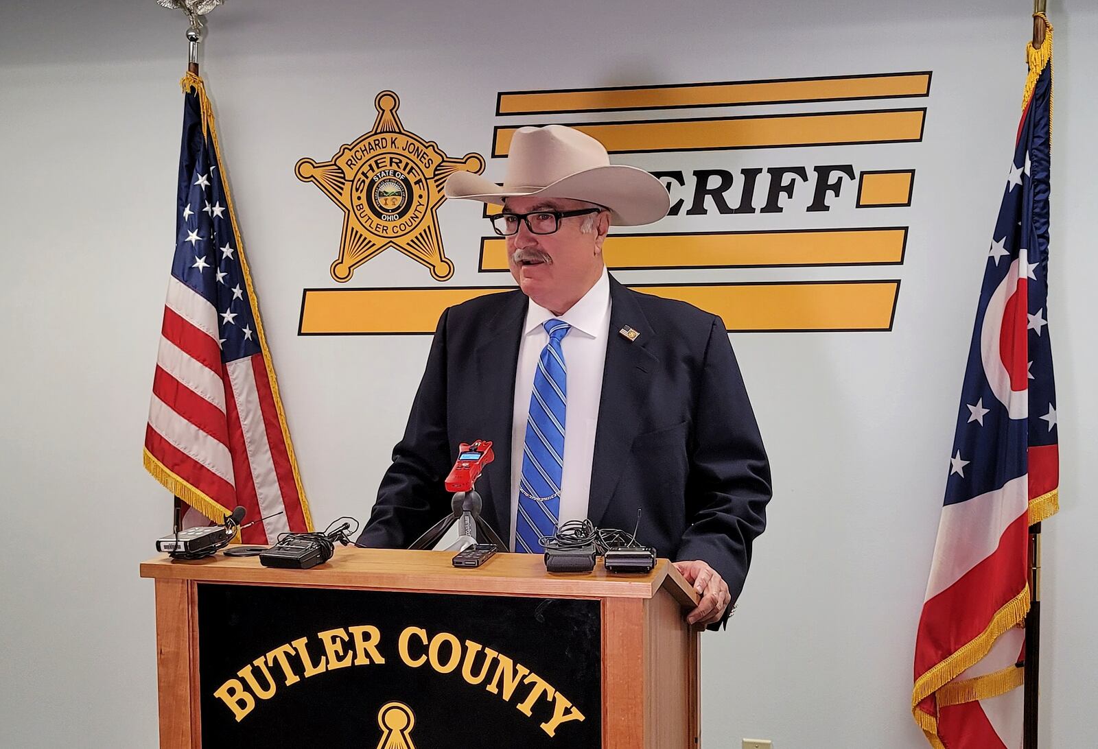 Butler County Sheriff Richard Jones address the media Tuesday morning in the Monday, May 10, 2021, officer-involved shooting. The shooting victim faces multiple child porn charges, and possibly federal charges, Jones said. NICK GRAHAM/STAFF
