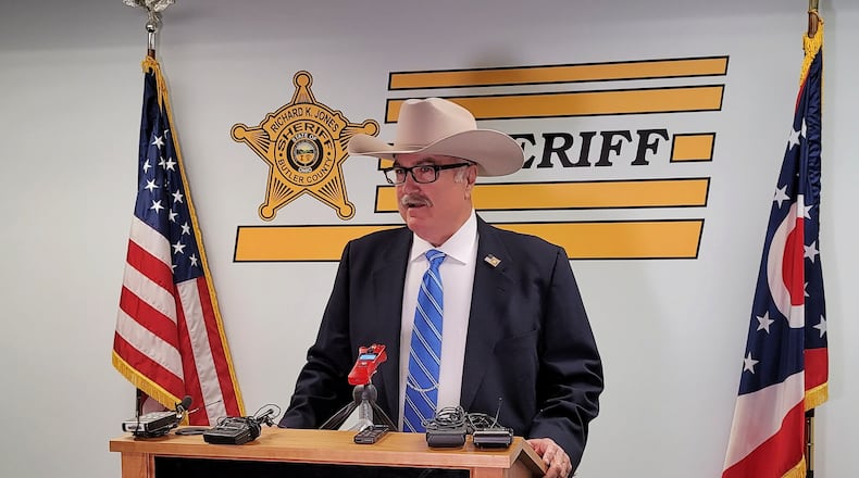 Butler County Sheriff Richard Jones address the media Tuesday morning in the Monday, May 10, 2021, officer-involved shooting. The shooting victim faces multiple child porn charges, and possibly federal charges, Jones said. NICK GRAHAM/STAFF