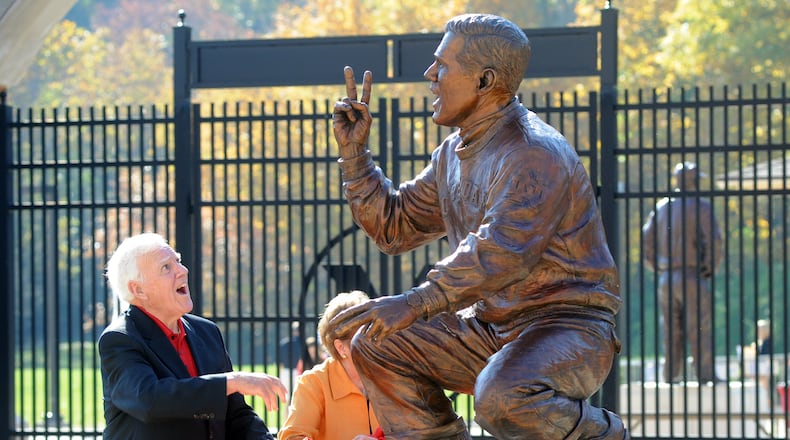 Ara Parseghian reacts at the unveiling of his statue during a ceremony for the Cradle of Coaches before Miami University’s football game against Army on Saturday, Oct. 8, 2011 at Yager Stadium in Oxford. The RedHawks defeated Army 35-28. Staff photo by Samantha Grier.