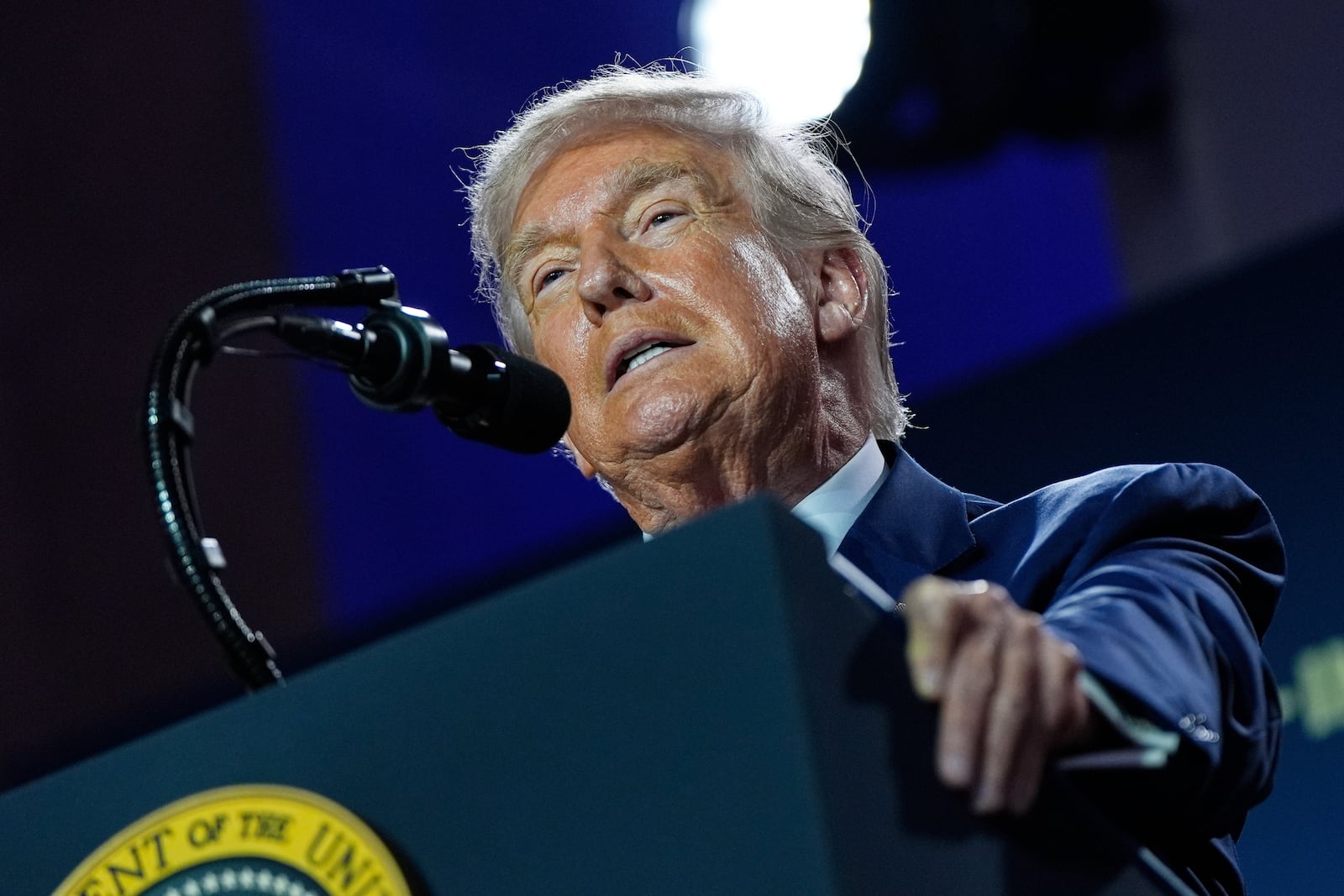 President Donald Trump speaks during an AI summit at the Andrew W. Mellon Auditorium, Wednesday, July 23, 2025, in Washington. (AP Photo/Julia Demaree Nikhinson)