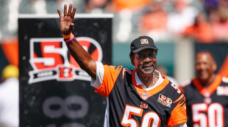 FILE - Former Cincinnati Bengals cornerback Ken Riley waves to the crowd during a halftime 50th anniversary ceremony of an NFL football game against the Baltimore Ravens, in Cincinnati, Sept. 10, 2017. Super Bowl MVP Chuck Howley and All-Pro defenders Joe Klecko and Ken Riley are finalists for the Pro Football Hall of Fame’s class of 2023. The defenders who starred in the 1960s, 70s and 80s were announced Wednesday, Aug. 17, 2022, as the three senior candidates for next year's Hall of Fame class from a list of 12 semifinalists. (AP Photo/Gary Landers, File)