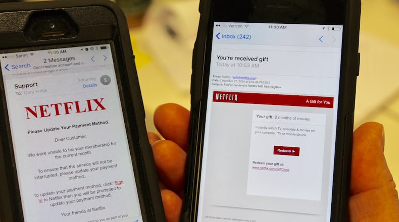 Two e-mails claiming to be from Netflix. Only the one on the right is real. The message on the left is a “phishing” scam, designed to trick people into clicking a bogus link and hand over their login, account and payment information. CORNELIUS FROLIK / STAFF