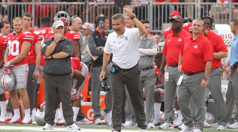 Ohio State’s Urban Meyer shouts to his team during a game against Army on Saturday, Sept. 26, 2017, at Ohio Stadium in Columbus. David Jablonski/Staff