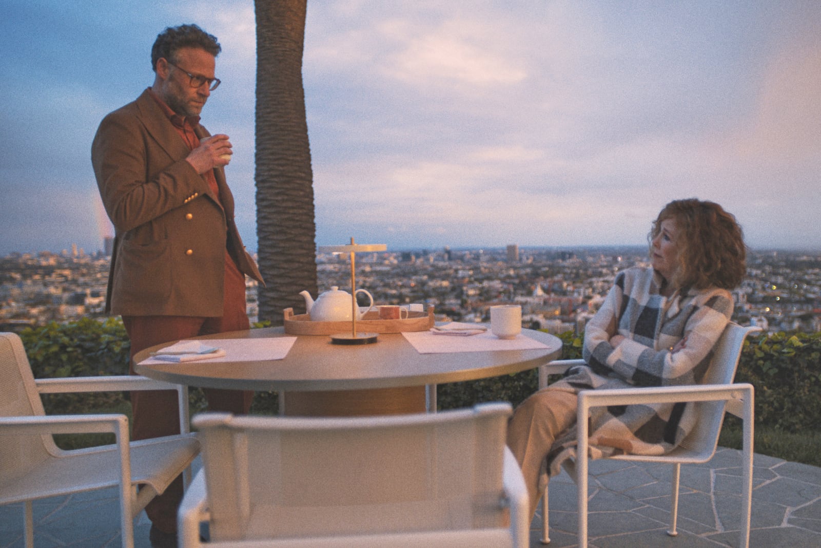 This image released by Apple TV+ shows Seth Rogen, left, and Catherine O'Hara in a scene from "The Studio." (Apple TV+ via AP)
