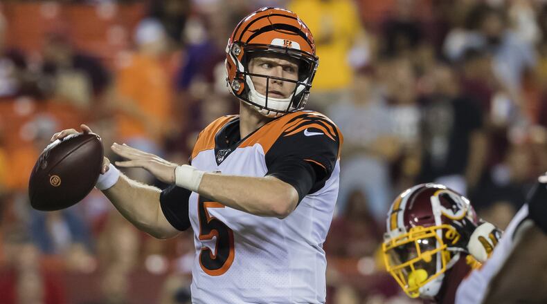 LANDOVER, MD - AUGUST 15: Ryan Finley #5 of the Cincinnati Bengals drops back to pass against the Washington Redskins during the first half of a preseason game at FedExField on August 15, 2019 in Landover, Maryland. (Photo by Scott Taetsch/Getty Images)