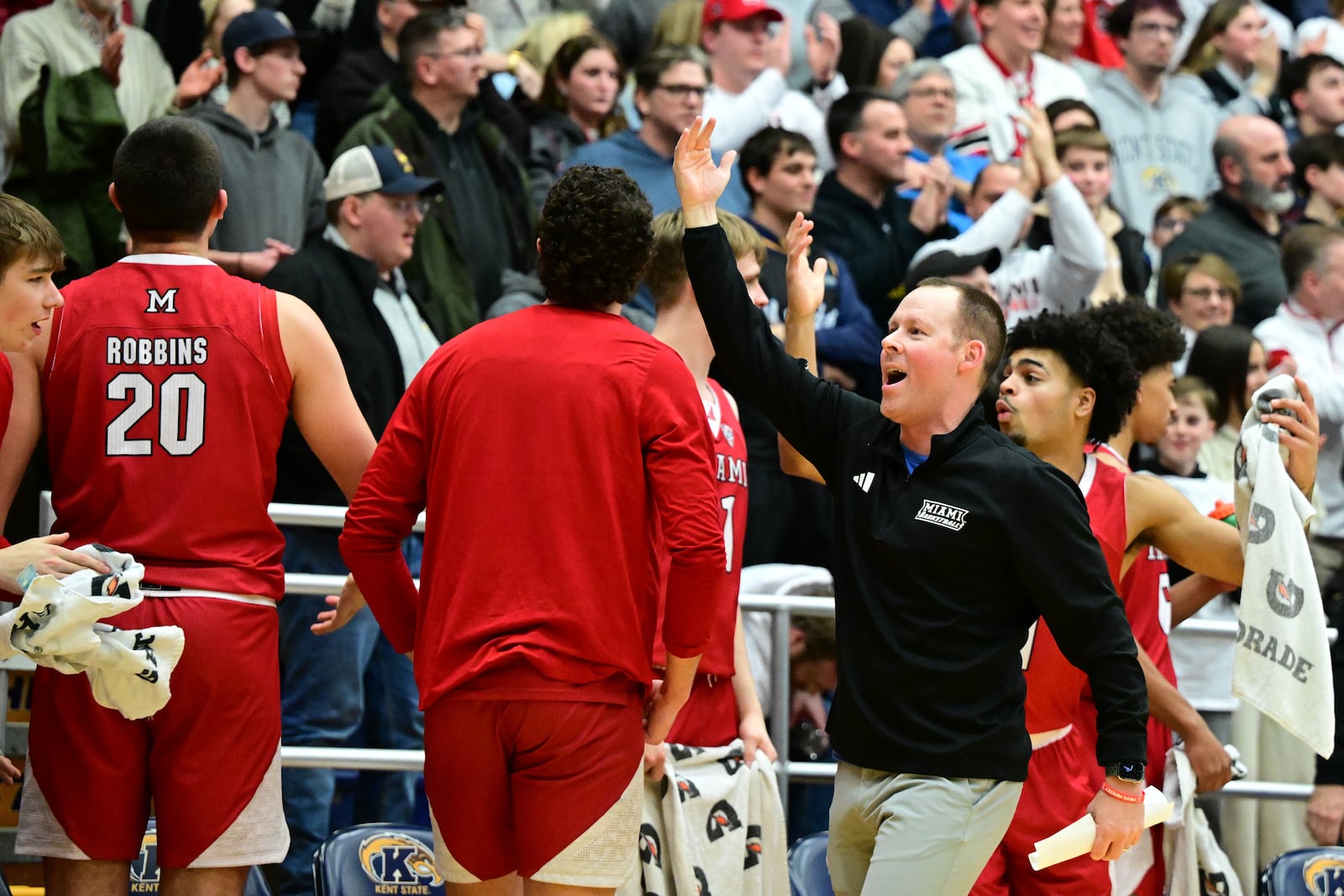 Miami head coach Travis Steele reacts after a Miami basket during overtime of an NCAA college basketball game against Kent State, Tuesday, Jan. 20, 2026, in Kent, Ohio. (AP Photo/David Dermer)