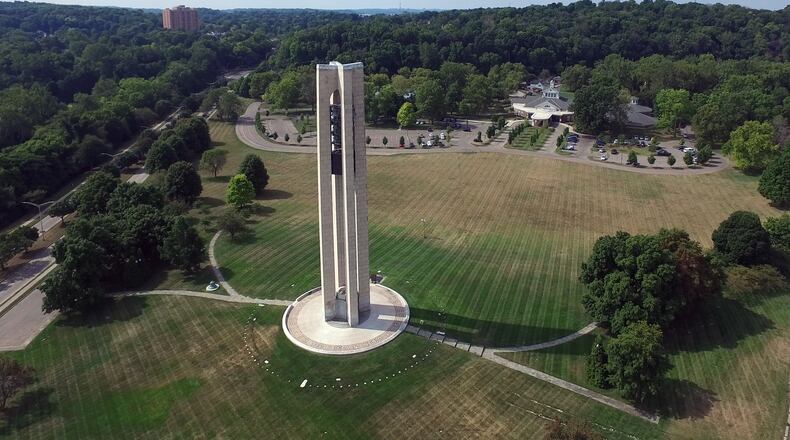 The Deeds Carillon is a 151-foot-tall tower, made of Indiana limestone, and originally designed with 32 bells. Eight of the first 32 bells were silent, each a memorial to a member of the Deeds family.SKY 7 / STAFF