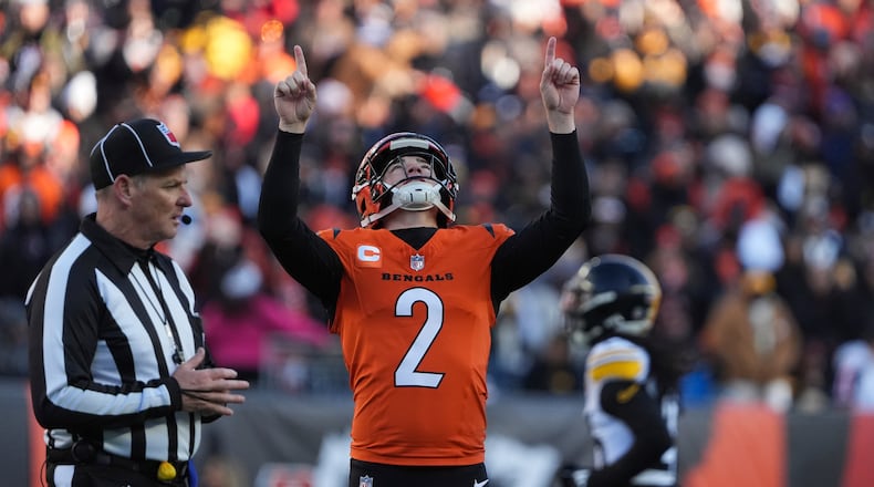 Cincinnati Bengals place kicker Evan McPherson reacts after making a field goal during the second half of an NFL football game against the Pittsburgh Steelers, Sunday, Dec. 1, 2024, in Cincinnati. (AP Photo/Joshua A. Bickel)