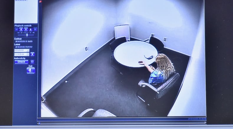 Lindsay Partin was interviewed by detectives after the death of 3-year-old Hannah Wesche in March 2018. This is an image of the video that was shown to the jury during her trial. NICK GRAHAM / STAFF