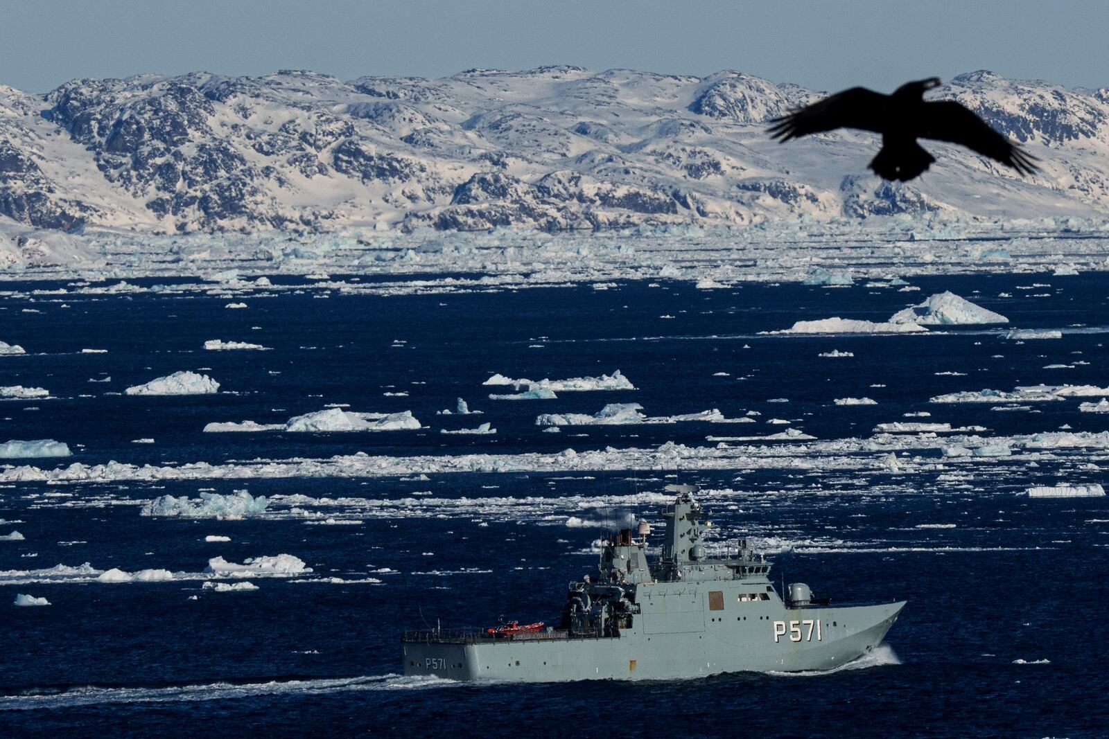Military vessel HDMS Ejnar Mikkelsen of the Royal Danish Navy patrols near Nuuk, Greenland, Wednesday, March 5, 2025. (AP Photo/Evgeniy Maloletka)